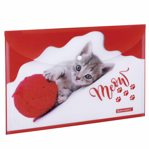 Папка-конверт с кнопкой BRAUBERG "FUNNY CAT", А4, 160 мкм, цветная печать, 228038 по низкой цене оптом 