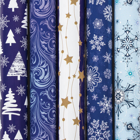 Бумага упаковочная новогодняя 70х100 см ЗОЛОТАЯ СКАЗКА "Blue Collection", 5 дизайнов, 70 г/м2, 591583 по низкой цене оптом 