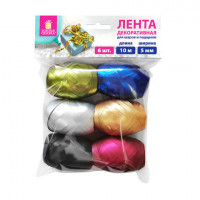 Лента упаковочная декоративная для подарков, матовый металл, 6 шт., 5 мм х 10 м, цвета ассорти, ЗОЛОТАЯ СКАЗКА, 591831