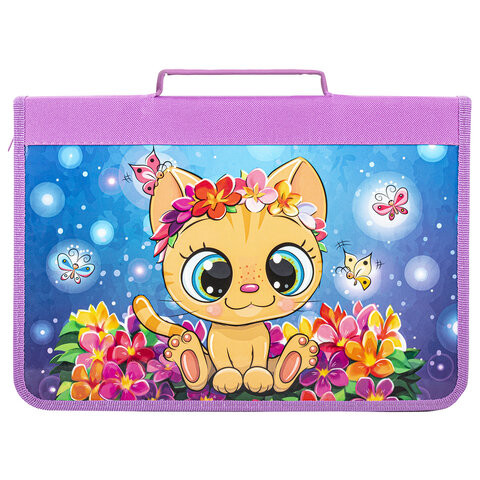 Папка для труда на молнии BRAUBERG А4 с ручкой, 1 отделение, картон, органайзер, "Charming kitten", 270991 по низкой цене оптом 