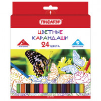 Карандаши цветные ПИФАГОР "БАБОЧКИ", 24 цвета, классические заточенные, 181353