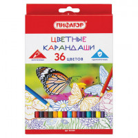 Карандаши цветные ПИФАГОР "БАБОЧКИ", 36 цветов, классические заточенные, 181354