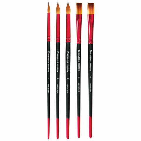 Кисти BRAUBERG PREMIUM, набор 5шт. (синтетика, круглая №1,3,5, плоская №5,8), блистер, 201024 по низкой цене оптом 