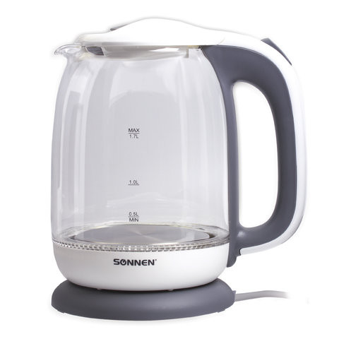Чайник SONNEN KT-1792, 1,7 л, 2200 Вт, закрытый нагревательный элемент, стекло, белый, подсветка, 454348 по низкой цене оптом Краснодар, Москва, Уфа, Казань, Барнаул, Владивосток, Хабаровск, Сахалин, Красноярск, Екатеренбург, 
