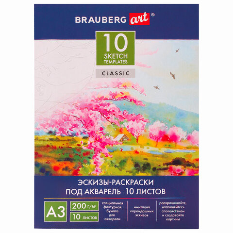 Папка для акварели С ЭСКИЗОМ, БОЛЬШАЯ А3, 10 л., 200 г/м2, BRAUBERG, 110065, 111065 по низкой цене оптом 
