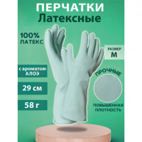 Перчатки хозяйственные латексные с ароматом АЛОЕ зеленые, х/б напыление, размер M (средний), 58 г, прочные, КП, 139597