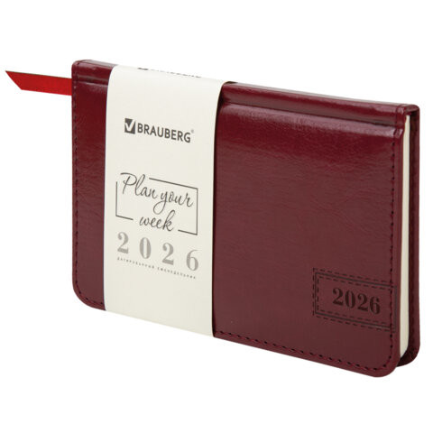 Еженедельник датированный 2026 МАЛЫЙ ФОРМАТ 95х155мм А6 BRAUBERG Imperial, под кожу, бордо, 117188 по низкой цене оптом 