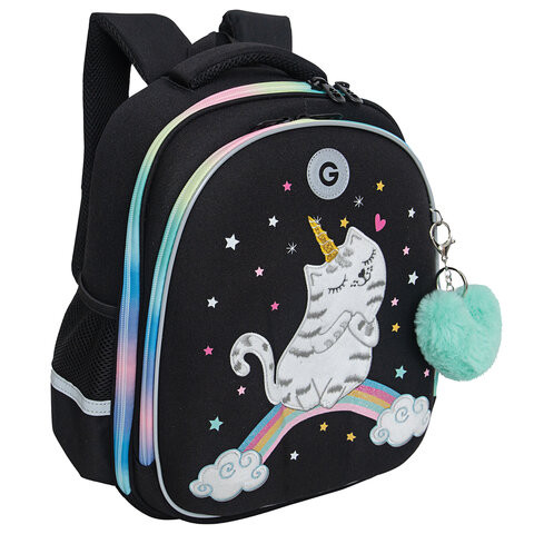 Ранец GRIZZLY анатомическая спинка, c брелоком, для девочек, RAINBOW CAT, 36х28х20 см, RAz-486-2/1 по низкой цене оптом 