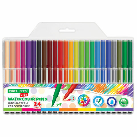 Фломастеры BRAUBERG KIDS КЛАССИЧЕСКИЕ 24 цвета, вентилируемый колпачок, ПВХ-упаковка, 152602 по низкой цене оптом 