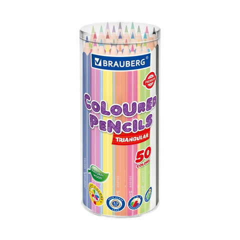 Карандаши цветные BRAUBERG PREMIUM 50 цветов, трехгранный корпус, мягкий грифель 3,3 мм, упаковка пластиковая туба, 181935