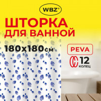 Шторка для ванной PEVA, 180х180см, кольца в комплекте, 3 дизайна ассорти, МОРЕ, WBZ, 700069