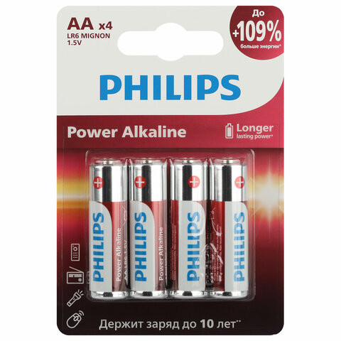 Батарейки алкалиновые "пальчиковые" КОМПЛЕКТ 4 шт PHILIPS Power Alkaline, АА (LR6,24А, Б0062746 по низкой цене оптом 