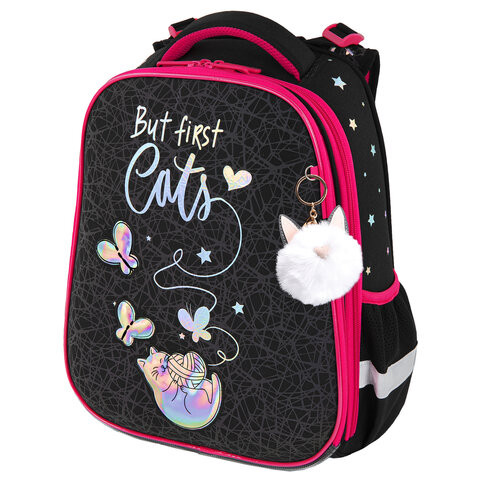 Ранец BRAUBERG LUMINOUS, 2 отделения, с брелком, "Cats first", СВЕТЯЩИЙСЯ РИСУНОК, 38х29х16 см, 271367 по низкой цене оптом 