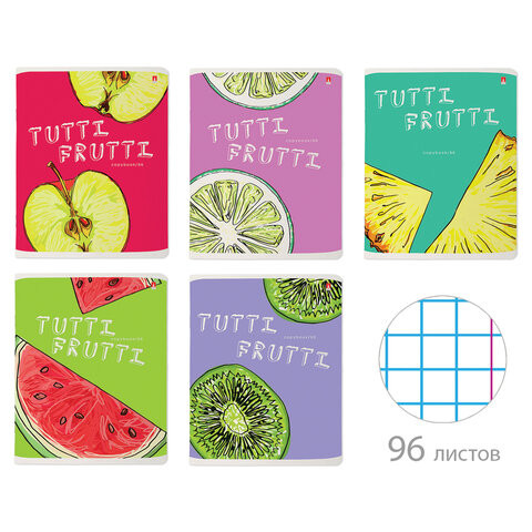 Тетрадь А5 96 л. АЛЬТ скоба, клетка, гибридный лак, "Fresh & Fruity" (5 видов), 7-96-1159 по низкой цене оптом 