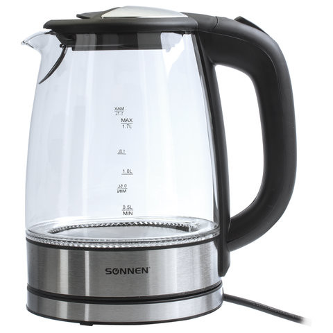 Чайник SONNEN KT-1788, 1,7 л, 2200 Вт, закрытый нагревательный элемент, стекло, черный, подсветка, 454349 по низкой цене оптом Краснодар, Москва, Уфа, Казань, Барнаул, Владивосток, Хабаровск, Сахалин, Красноярск, Екатеренбург, 