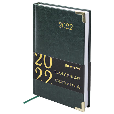 Ежедневник датированный 2022 А5 138x213 мм BRAUBERG "Senator", под кожу, зеленый, 112783 по низкой цене оптом 