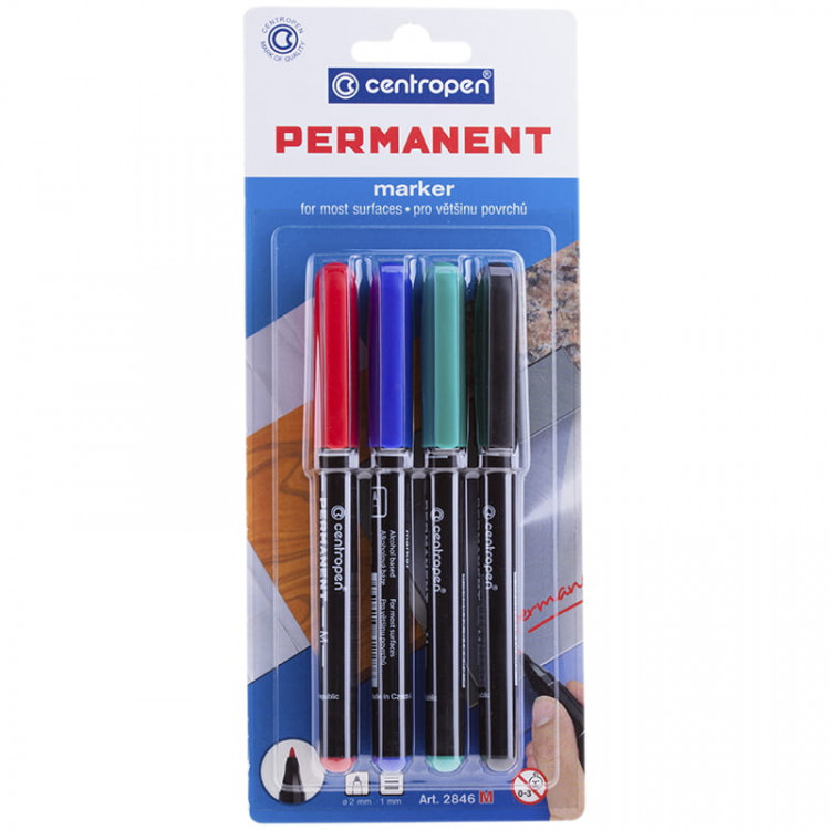 Маркеры перманентные CENTROPEN 2846, НАБОР 4 ЦВЕТА, тонкий наконечник, 1 мм, 2846/4, 6 2846 0404 по низкой цене оптом 