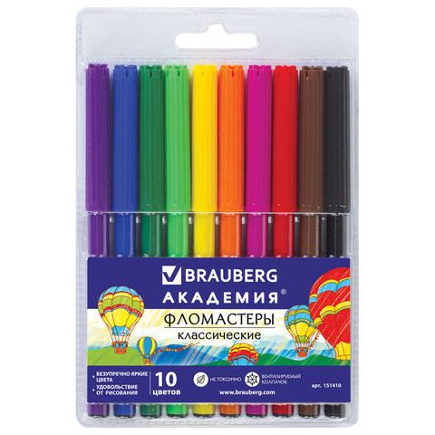 Фломастеры BRAUBERG "АКАДЕМИЯ", 10 цветов, вентилируемый колпачок, ПВХ упаковка, 151410 по низкой цене оптом 