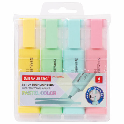 Набор текстовыделителей BRAUBERG 4 шт., АССОРТИ, "ORIGINAL PASTEL", линия 1-5 мм, 151697 по низкой цене оптом Краснодар, Москва, Уфа, Казань, Барнаул, Владивосток, Хабаровск, Сахалин, Красноярск, Екатеренбург, 