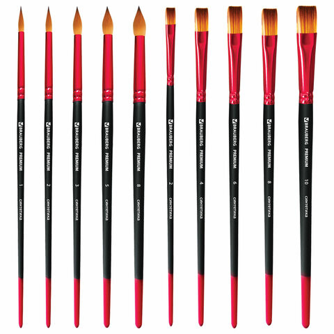 Кисти BRAUBERG PREMIUM, набор 10шт. (синтетика, круглые №1,2,3,5,8, плоские №2,4,6,8,10), 201027 по низкой цене оптом 