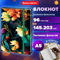 Блокнот с резинкой в клетку 96л, А5 145х203мм, твердая обложка с фольгой, BRAUBERG, Black, 115537