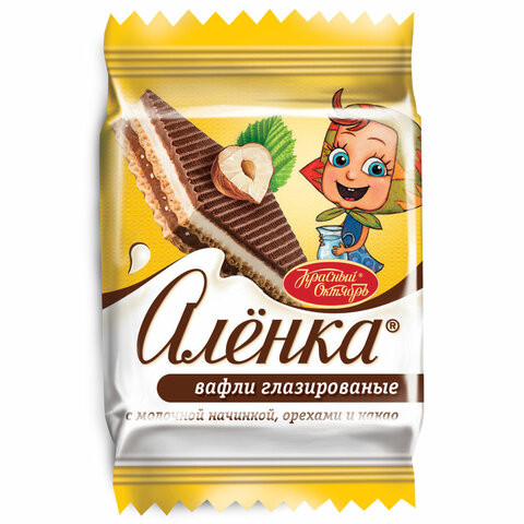 Вафли "Аленка" с молочной начинкой и орехами в индивидуальных упаковках, гофрокороб 1, ТК23396 по низкой цене оптом Краснодар, Москва, Уфа, Казань, Барнаул, Владивосток, Хабаровск, Сахалин, Красноярск, Екатеренбург, 