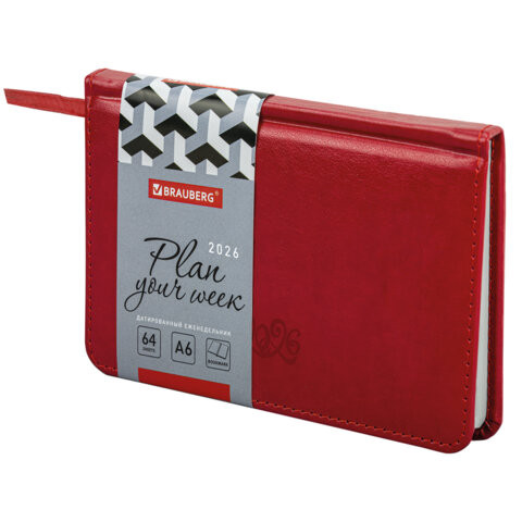 Еженедельник датированный 2026 МАЛЫЙ ФОРМАТ 95х155мм А6 BRAUBERG Rainbow, под кожу, красный, 117190 по низкой цене оптом 