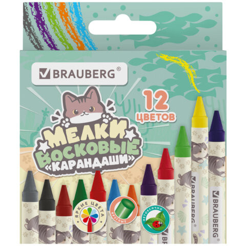 Восковые мелки BRAUBERG МИЛЫЕ КОТЫ, НАБОР 12 цветов, 273229 по низкой цене оптом 