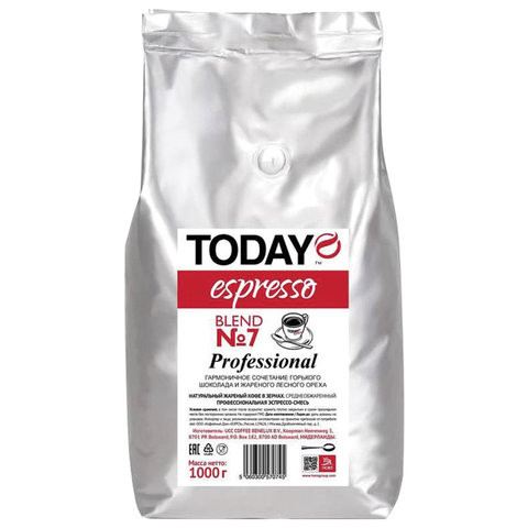 Кофе в зернах TODAY Espresso "Blend №7", натуральный, 1000 г, вакуумная упаковка, TO10004004 по низкой цене оптом Кофе в зернах TODAY Espresso "Blend №7", натуральный, 1000 г, вакуумная упаковка, TO10004004 по низкой цене оптом