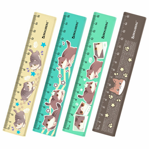 Линейка пластиковая 15 см BRAUBERG "CUTE CATS", с принтом, ассорти, 210865 по низкой цене оптом Линейка пластиковая 15 см BRAUBERG "CUTE CATS", с принтом, ассорти, 210865 по низкой цене оптом