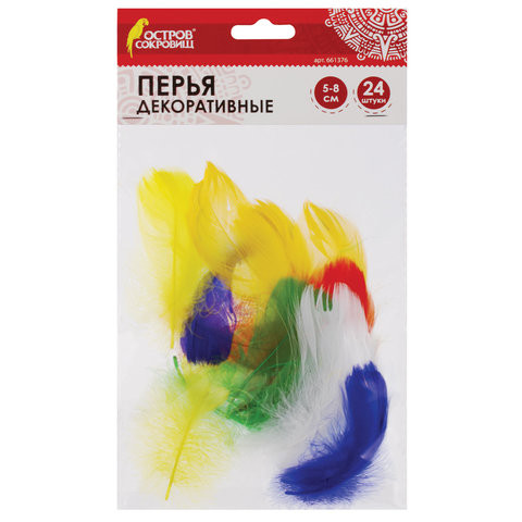 Перья декоративные "Карнавальные", 5-8 см, 24 шт., 6 цветов, яркие, ассорти, ОСТРОВ СОКРОВИЩ, 661376 по низкой цене оптом 