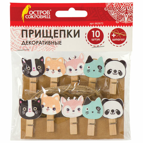 Прищепки декоративные "Забавные животные", 10 штук, 3,5 см, ассорти, со шпагатом, ОСТРОВ СОКРОВИЩ, 662672 по низкой цене оптом 