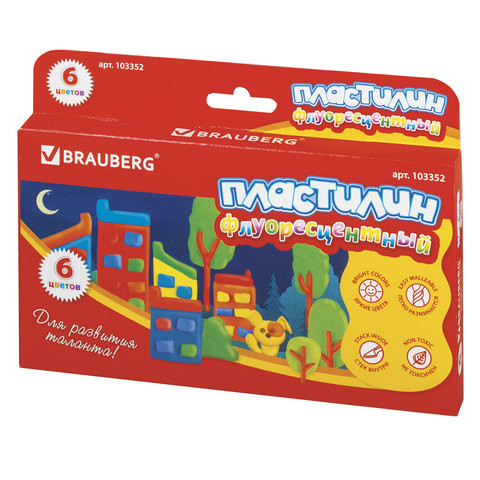 Пластилин флуоресцентный BRAUBERG, 6 цветов, 90 г, со стеком, картонная упаковка, 103352 по низкой цене оптом 