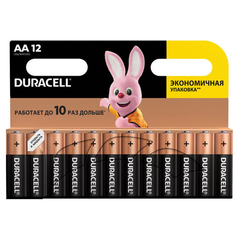 Батарейки КОМПЛЕКТ 12 шт., DURACELL Basic, AA (LR06, 15А), алкалиновые, пальчиковые, блистер по низкой цене оптом 