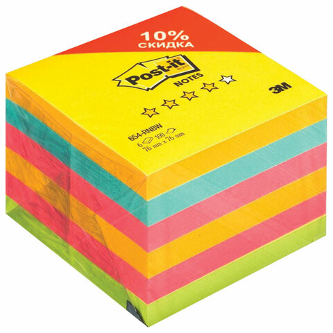 Блоки самоклеящиеся (стикер) POST-IT "Радуга Плюс" 76х76 мм, КОМПЛЕКТ 6 шт. по 100 листов, ассорти, 654-RNBW по низкой цене оптом 