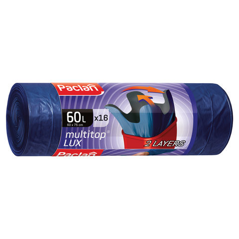 Мешки для мусора 60 л, с ушками, синие, рулон 16 шт., ПВД, 30 мкм, 60х75 см, PACLAN "Multitop Lux", 134474 по низкой цене оптом 