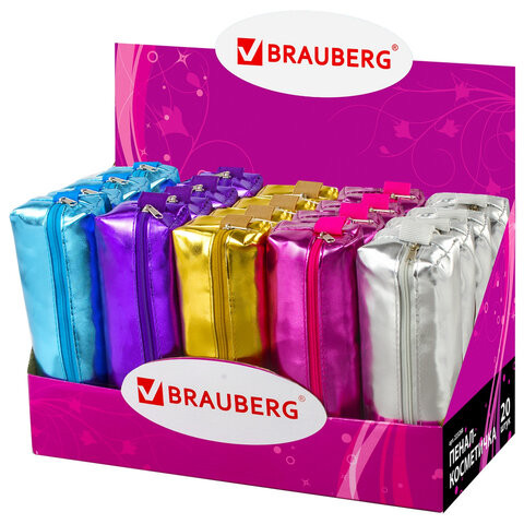 Пенал-косметичка BRAUBERG под искусственую кожу, ассорти 5 цветов, "Винтаж", 20х6х4 см, дисплей, 223268