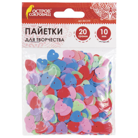 Пайетки для творчества "Сердце", цвет пастель ассорти, 10 мм, 20 грамм, ОСТРОВ СОКРОВИЩ, 661276 по низкой цене оптом 