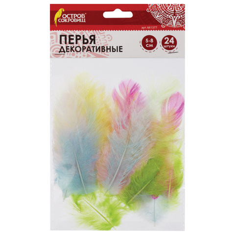 Перья декоративные "Карнавальные", 5-8 см, 24 шт., 6 цветов, пастель, ассорти, ОСТРОВ СОКРОВИЩ, 661377 по низкой цене оптом 