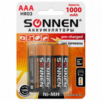 Батарейки аккумуляторные КОМПЛЕКТ 6шт, SONNEN, AAA (HR03), Ni-Mh, 1000mAh, в блистере, 455611