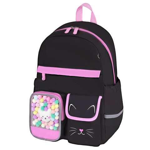 Рюкзак BRAUBERG PASTEL с термонашивками в комплекте, Black kitty, черный, 40х29х14 см, 273128 по низкой цене оптом 