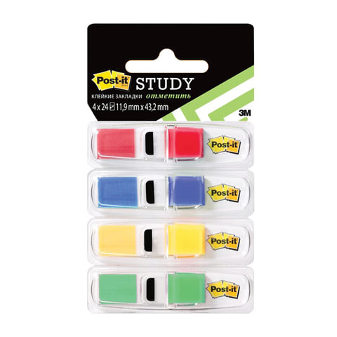 Закладки клейкие POST-IT Study, пластиковые, 12 мм, 4 цвета х 24 шт., 683-4S-RU по низкой цене оптом 