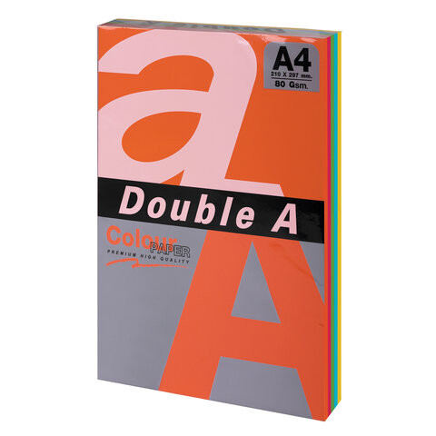 Бумага цветная DOUBLE A, А4, 80 г/м2, 100 л., 5 цветов x 20 л., микс интенсив по низкой цене оптом 