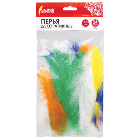 Перья декоративные страусиные, 10-12 см, 24 шт., 6 цветов, яркие, ассорти, ОСТРОВ СОКРОВИЩ, 661378 по низкой цене оптом 