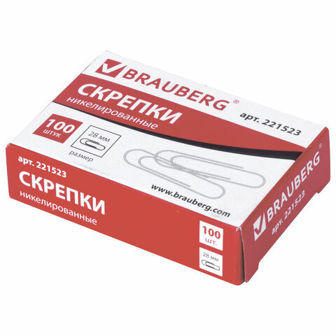 Скрепки BRAUBERG, 28 мм, никелированные, 100 шт., в картонной коробке, Россия, 221523 по низкой цене оптом Краснодар, Москва, Уфа, Казань, Барнаул, Владивосток, Хабаровск, Сахалин, Красноярск, Екатеренбург, 