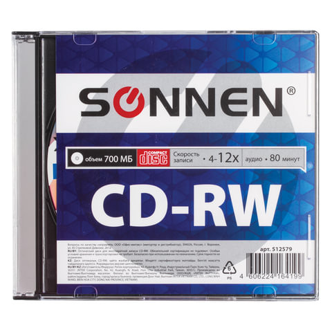 Диск CD-RW SONNEN, 700 Mb, 4-12x, Slim Case (1 штука), 512579 по низкой цене оптом Краснодар, Москва, Уфа, Казань, Барнаул, Владивосток, Хабаровск, Сахалин, Красноярск, Екатеренбург, 