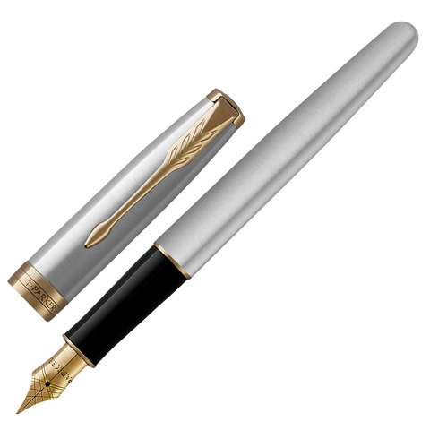 Ручка перьевая PARKER "Sonnet Core Stainless Steel GT", корпус серебристый, позолоченные детали, черная, 1931504 по низкой цене оптом Краснодар, Москва, Уфа, Казань, Барнаул, Владивосток, Хабаровск, Сахалин, Красноярск, Екатеренбург, 