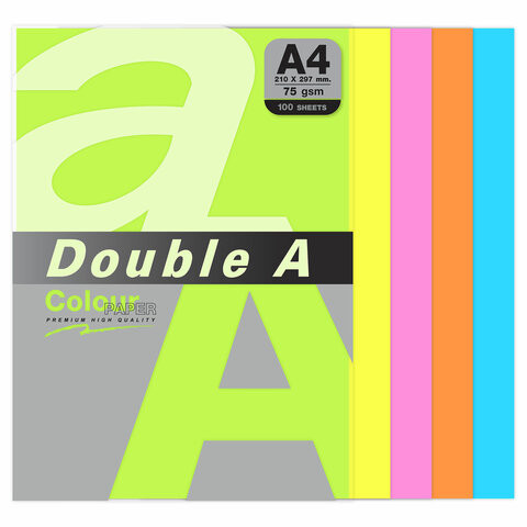 Бумага цветная DOUBLE A, А4, 75 г/м2, 100 л., 5 цветов x 20 л., микс неон по низкой цене оптом 