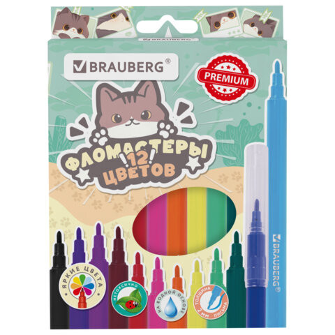 Фломастеры кросс-серия МИЛЫЕ КОТЫ, 12 цветов, вентилируемый колпачок, картонная коробка с европодвесом, BRAUBERG, 152620 по низкой цене оптом Фломастеры кросс-серия МИЛЫЕ КОТЫ, 12 цветов, вентилируемый колпачок, картонная коробка с европодвесом, BRAUBERG, 152620 по низкой цене оптом