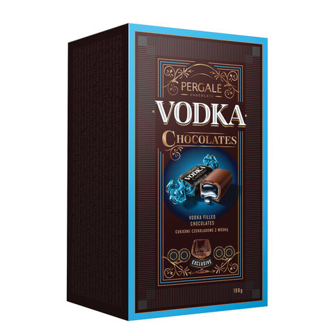 Конфеты шоколадные PERGALE "Pergale with vodka", с алкоголем, 190 г, картонная коробка, 10999 по низкой цене оптом Краснодар, Москва, Уфа, Казань, Барнаул, Владивосток, Хабаровск, Сахалин, Красноярск, Екатеренбург, 